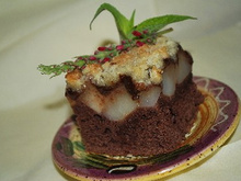 Carrés moelleux choco -poires-ganache, crumble aux amandes