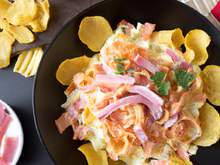 Pâtes à la crème de crustacés et sa chips de jambon
