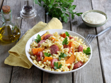 Coquillettes 3 minuti au potiron, saucisses et parmesan