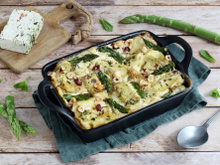 Lasagnes au tofu épinard noisette, asperges vertes et crème de soja