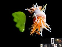 Bouchées de légumes, poulet vapeur et trempette de cacahuètes