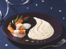 Gambas poêlées, émulsion d'estragon, mousseline de chou-fleur & tapioca