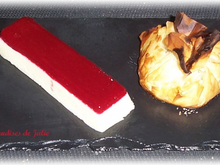 Assiette chocolatée : panna cotta chocolat blanc et framboises, aumônière croustillante au chocolat noir