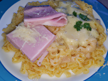 Pâtes d'Alsace, sauce au roquefort et au jambon de Parme