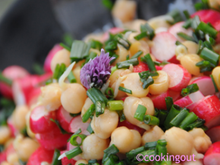 Salade pois chiches germés, radis à la mélasse de grenade et à la ciboulette