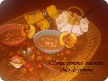 Soupe pommes, betterave, chips de pommes