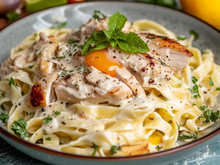 Tagliatelles, émincés de poulet grillé, sauce citron vert menthe