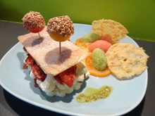 Du soleil dans l'assiette, sorbets aux tomates et mille-feuille citron-basilic-tomate à l'huile d'olive de Nyons AOP