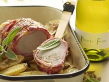 Rôti de porc à l'Edam fumé, rattes rôties