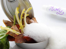 Petite conserve "maison" de faisan à l'huile fumée, piquillos grillés et écume d'ail sauvage