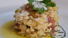 Risotto aux merguez, chou rave et haricots jaunes