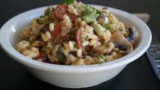 Risotto aux champignons, fève et chorizo