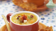 Gaspacho de carottes au safran et au chorizo - Galettes de riz aux carottes et aux graines d'épices.
