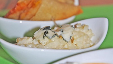 Déclinaison d'amuse-bouches autour du Roquefort Papillon Velouté tiède de tomates légèrement confites, mousse au Roquefort, Risotto crémeux au Muscat de Rivesaltes, copeaux de Roquefort, et Croustill