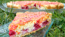Tarte noix de coco, framboises et pralines roses