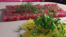 Tartare de magrets de canard fumé minute, nems de fenouil à la coriandre, vinaigrette de citron