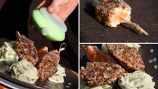 Brochettes de saumon au roquefort en croûte de noisettes et épices