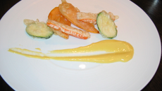 En direct de l'Afrique du Sud :Tempura de surimi, courgette et patate douce et leur sauce sabayon citron wasabi