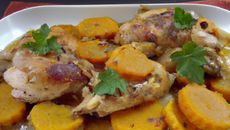 Poulet Fermier d'auvergne en fricassée au vieux vinaigre de vin, gratin de potimarron