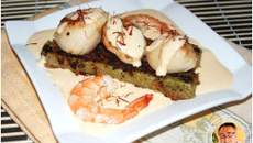 Noix de St Jacques, Croustillant de poireaux et sa mousse de Crevettes