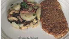 Filets de Colin-lieu en panure de noisettes, poêlée de topinambours, champignons et lardons fumés