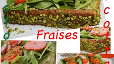Tarte pistache maison et garniture ricotta pesto pistache, couverture de roquettes, pousse d'épinards, radis roses et fraises