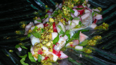 Filets de dorade et croquants au pistou de pistache