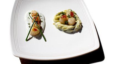 Pétoncles sur nid de poireaux et sa crème au roquefort