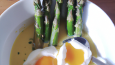 Asperges vertes, bouillon au thé vert, huîtres et œuf de poulette poché