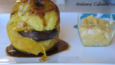 Pommes rôties au miel et à la cannelle, compote de coings et boudin noir
