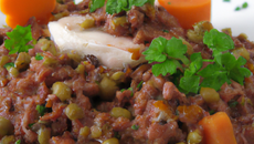 Mousseline de volaille au vin rouge, écrasé de lentille verte du Puy et carotte Vichy