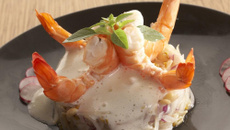 Timbale de pousses de soja et gambas, espuma de Mayonnaise au gingembre