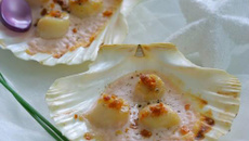 Saint-Jacques dans leur coque à la crème de Tarama et lard fumé croquant