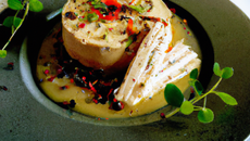 Mousse de thon sur bavarois de poivrons et sablé à l'origan, glaçage sauce créoline