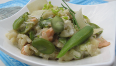 Risotto aux fèvres, pois gourmands et saumon fumé