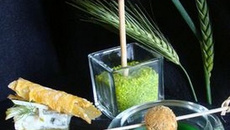 Entre Fromage et Dessert :Trilogie en Vert pour Roquefort Papillon (La sucette à la Poire Parfumée à la Framboise - Le Cube Crusti-Fondant d'Ananas au Fenouil et Granny  - La Praline de Roquefort à la pistache et son Jus de