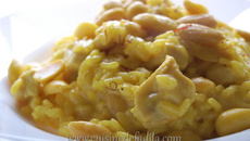 Risotto au poulet, safran et amande