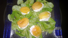 Abricots secs garnis de crème au chèvre sur verdure de grenade