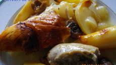 Poularde rôtie au four, boudin blanc et marrons