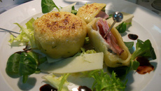 Crottin en ravioli, Saint-Félicien et jambon cru