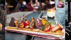 Sandwich feuilleté boudin noir, lard fumé & confit d'oignons