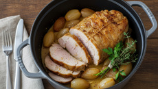 Rôti de porc en cocotte à la moutarde et petits oignons