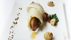 Cannelloni épicé de chèvre et céleri  aux châtaignes, magret et oranges