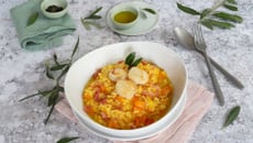 Risotto au potimarron, Saint-Jacques et bacon croustillant