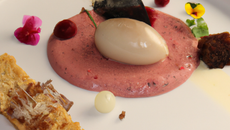 Mousseline de foie gras, gelée de betteraves, cappuccino de truffes, émulsion sarriette