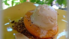 Glace au turron sur abricot poché et crumble aux nonnettes