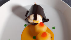 Papillote de litchi, clémentine et mangue à la sauce chocolat