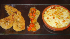 Escalope à la milanaise sauce aux tomate cerise et gratin de pâtes