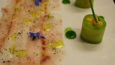 Carpaccio de bar au jus de roquette, makis de mangue