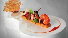 Compression d'une paella : lapin, volaille, chorizo, moule, coque, homard, calmar, langoustine
